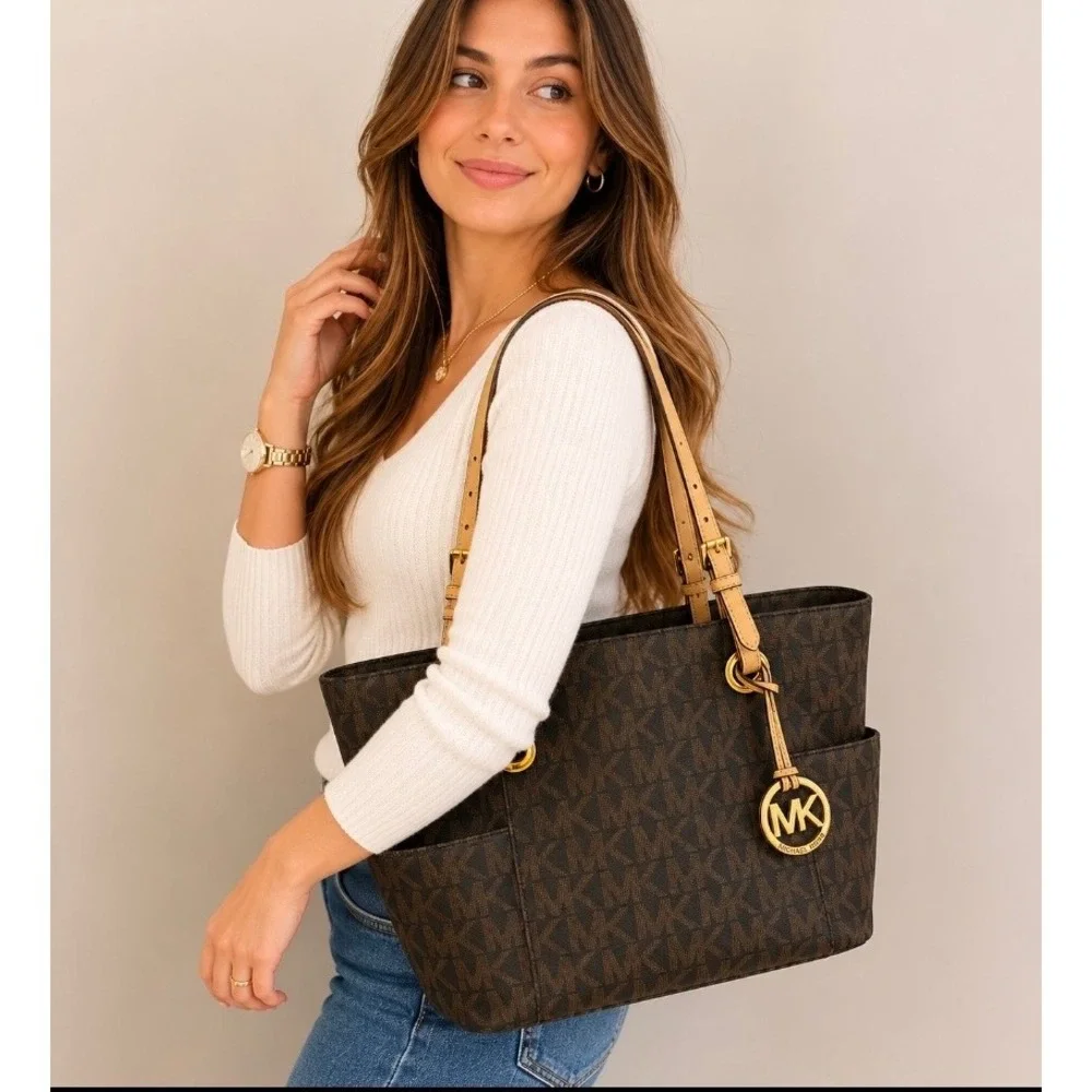 Michael Kors Jet Set Travel Tote Bag Brown Signature Logo MK Gold Hardware
